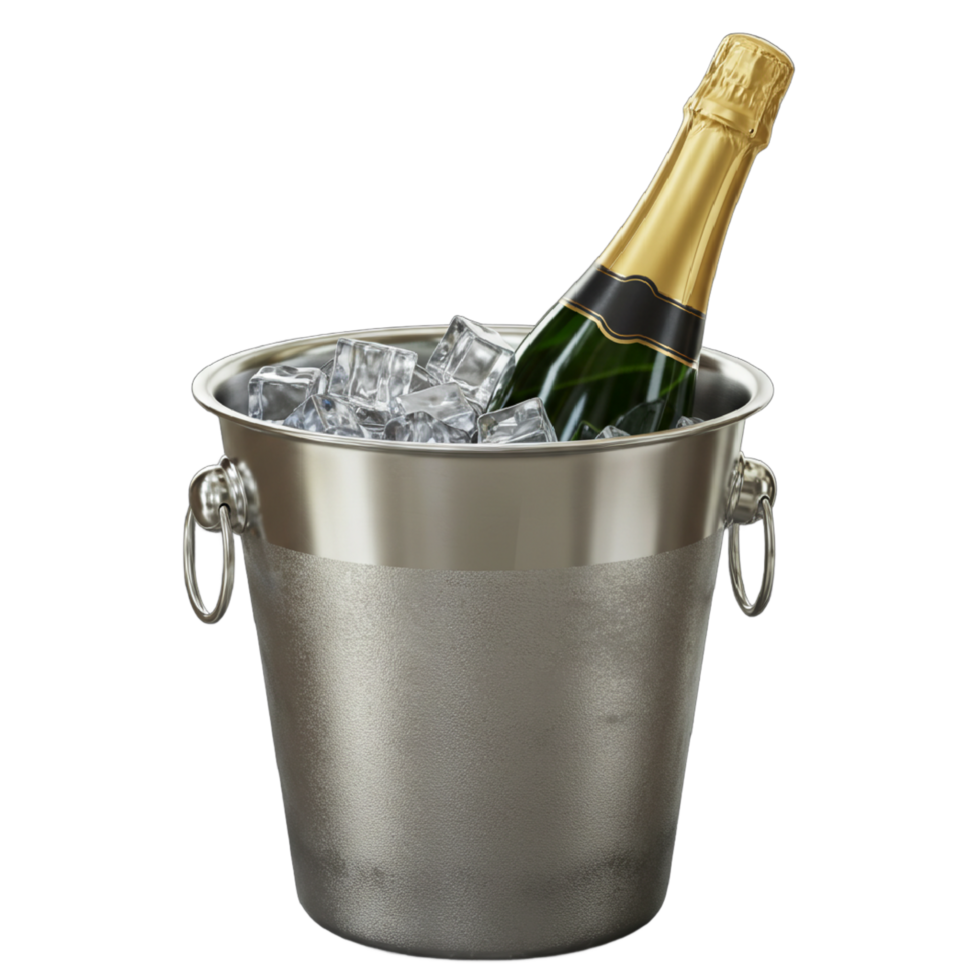 Bottle of champagne and ice in bucket isolated on transparent background png