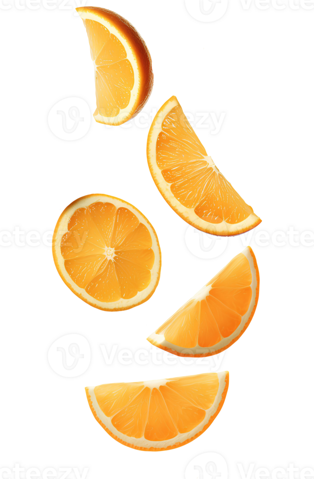 orange pieces falling down . falling oranges . orange falling down . orange pieces falling from the top for healthy and organic food campaigns isolated. orange pieces flying isolated png