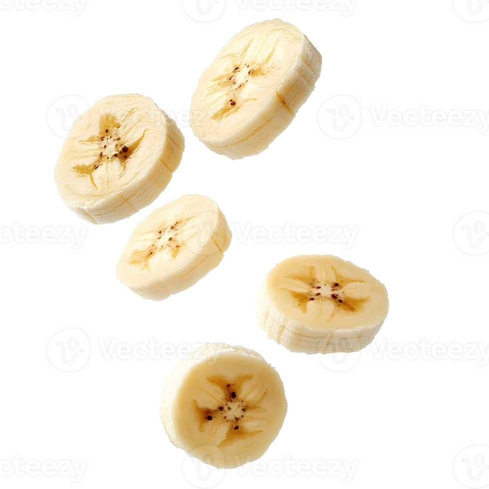 Falling bananas isolated mid-air showcasing fresh fruit slices ideal for campaigns focused on nutritious and natural eating themes png