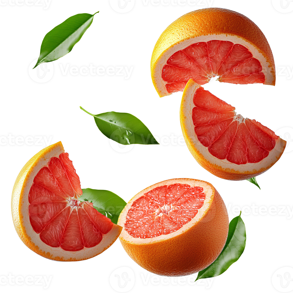 grapefruit pieces falling down . falling grapefruits and leaves . green leaf falling down with grapefruit pieces . grapefruit pieces falling from the top with green leaves isolated png