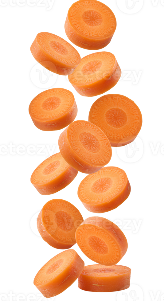 Crisp of fresh carrot slices cascading gracefully, ideal for healthy eating blogs, organic food ads, or cooking tutorials. Isolated on transparent background for seamless design integration. png
