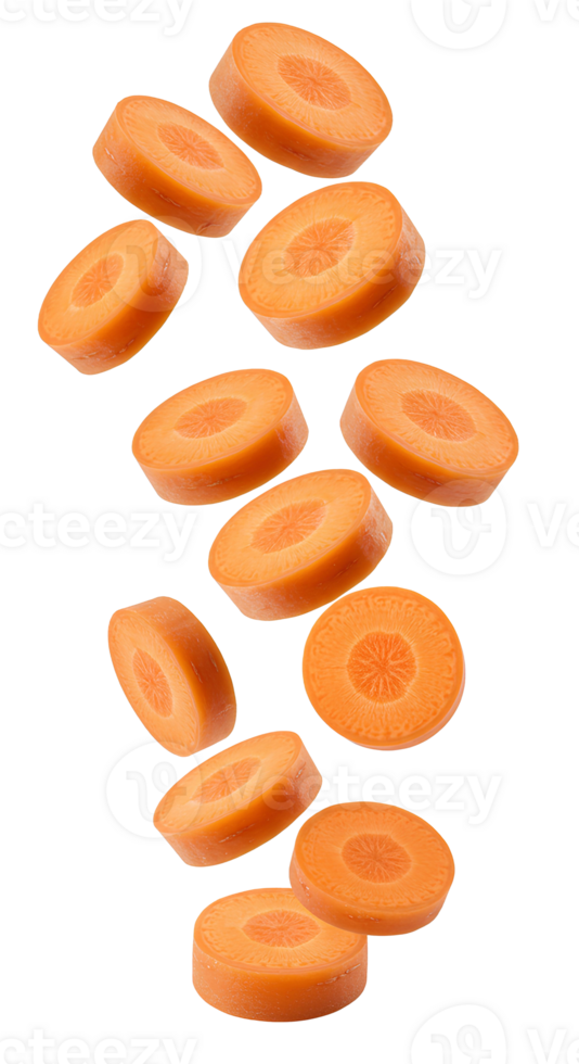 fresh carrot slices cascading gracefully, perfect for healthy eating blogs, organic food promotions, or cooking tutorials. Isolated on transparent background for easy design integration png