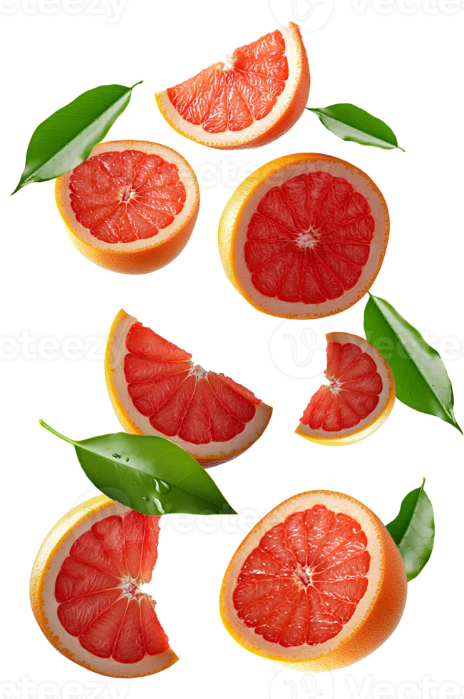 Falling grapefruits and leaves isolated mid-air creating a dynamic and refreshing visual ideal for promoting wellness and citrus-inspired themes png