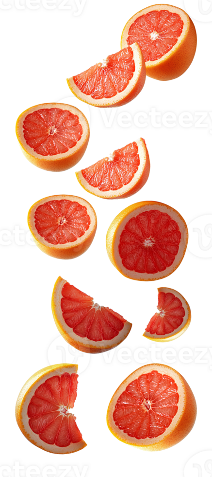 Grapefruit pieces falling down isolated creating a refreshing and vibrant design ideal for healthy food promotions and organic lifestyle visuals png