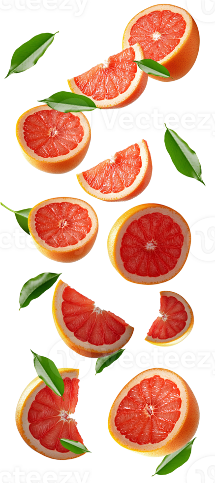 Green leaves and grapefruit pieces falling together isolated symbolizing natural health and vibrant energy perfect for organic food branding and fresh lifestyle visuals png