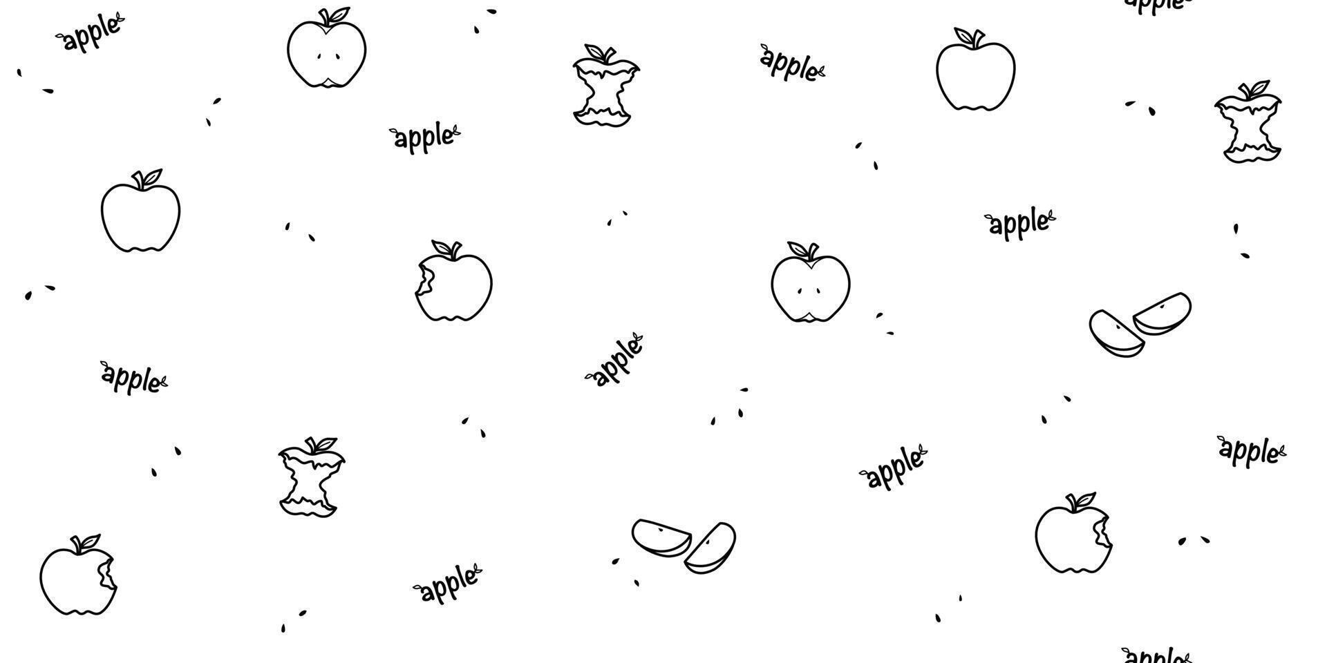 Fresh ripe red apples seamless pattern. Black and white slices and whole Doodle drawn apple. Summer autumn harvest garden background. Healthy fruit concept. vector