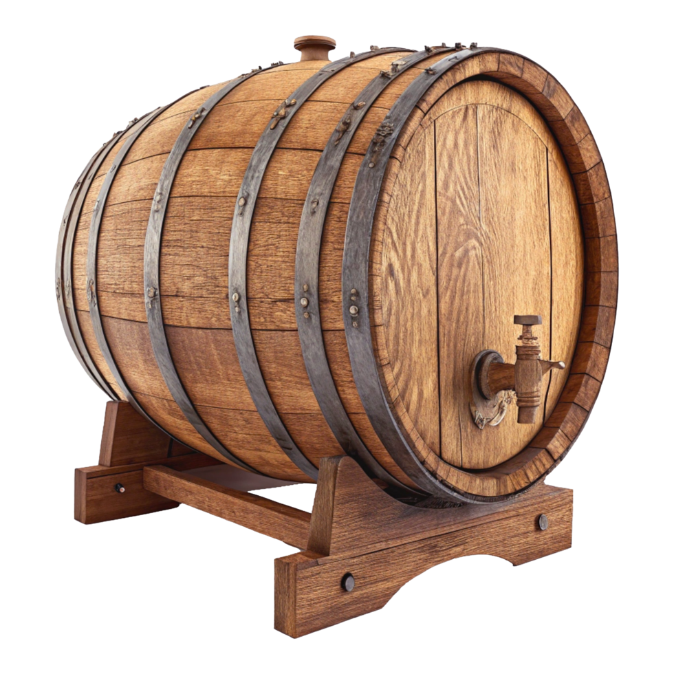Rustic Wooden Wine Barrel with Metal Hoops and Brass Spigot png