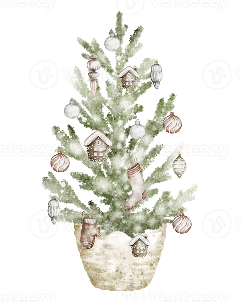 Watercolor Christmas Tree in in vintage style, with toys in a wicker basket. Drawing of Fir tree. Hand drawn Illustration for New Year Invitations and Holiday Greeting Cards on isolated background. png
