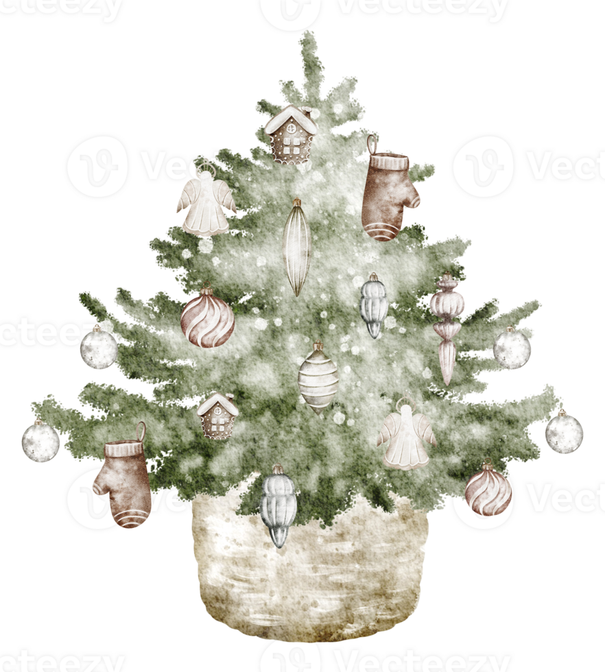 Watercolor Christmas Tree in in vintage style with toys in a wicker basket. Hand drawn Illustration for New Year Invitations and Holiday Greeting Cards on isolated background. Drawing of Fir tree. png
