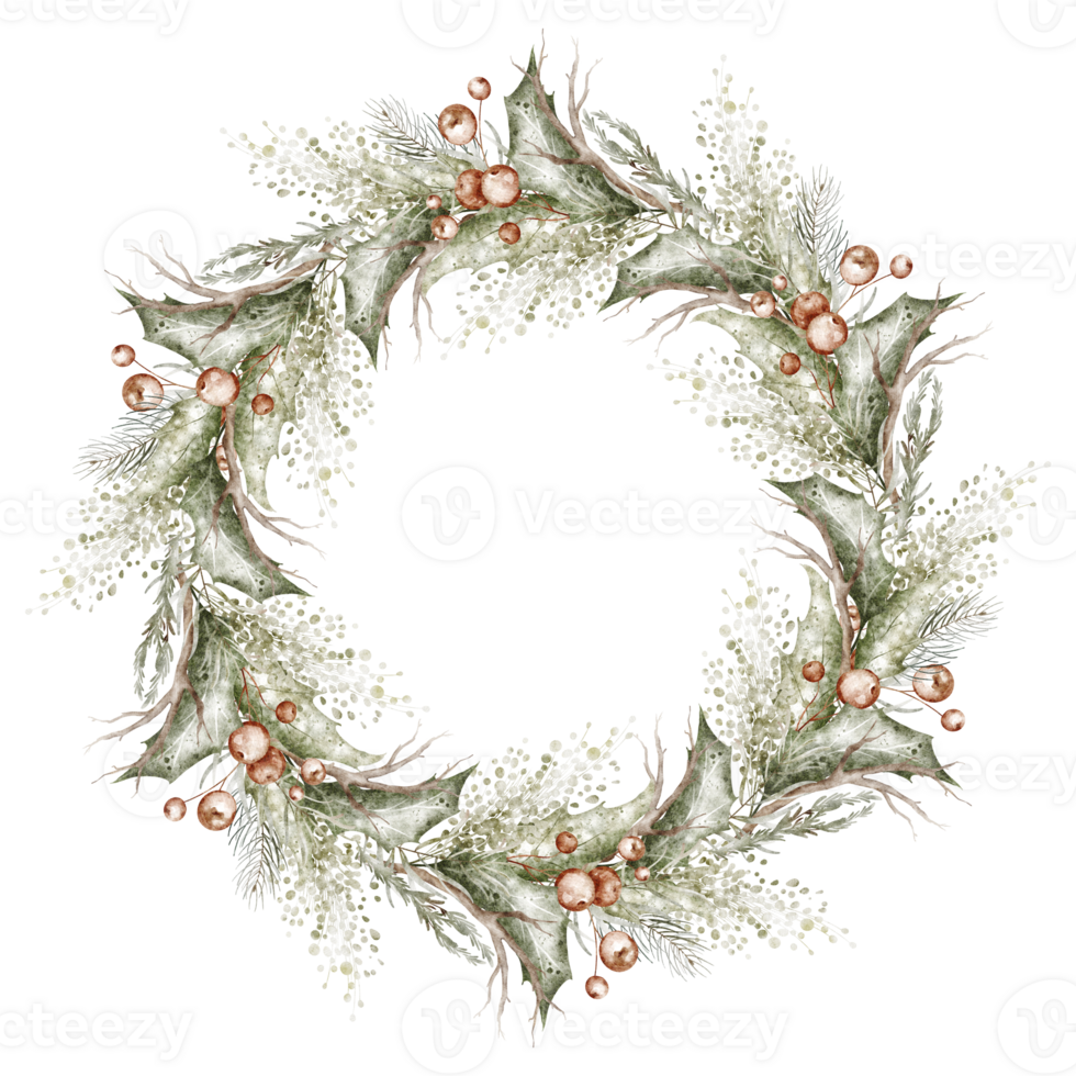 Christmas watercolor wreath with Holly berries and leaves. Hand drawn Illustration of circular Frame on isolated background. Botanical border for holiday invitations and Xmas greeting cards. png