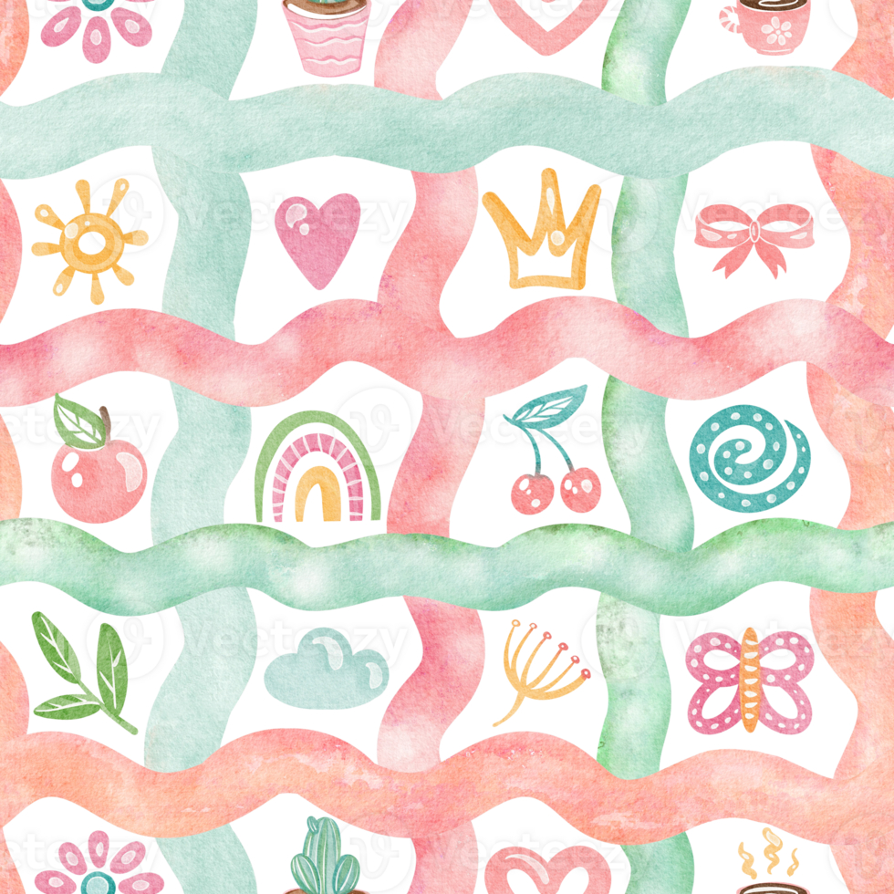 Cute checkered seamless doodle pattern illustration. Naive cartoon design with rainbow butterfly sun for nursery wallpaper or kindergarten decor. For children s products or preschool backgrounds. png