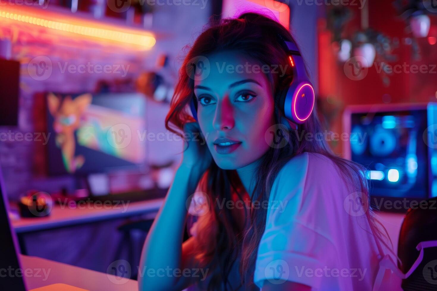 Gamer and E-Sport online of Asian woman playing online computer game with lighting effect, broadcast streaming live at home. Neural network photo