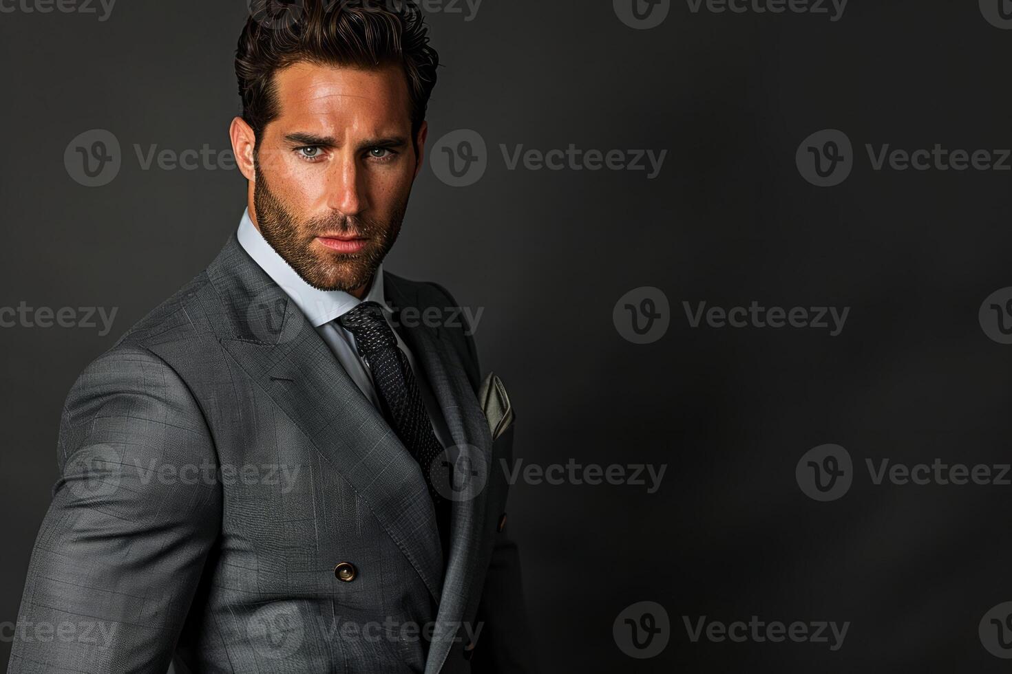 Young caucasian male in gray suit posing against dark wall. photo