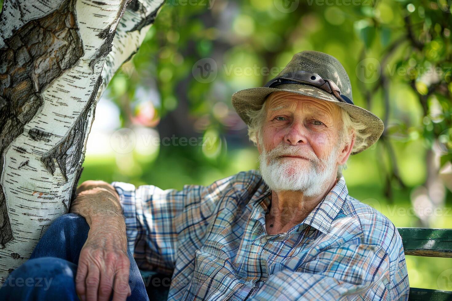 The old man sitting on bench under the old tree. Neural network photo