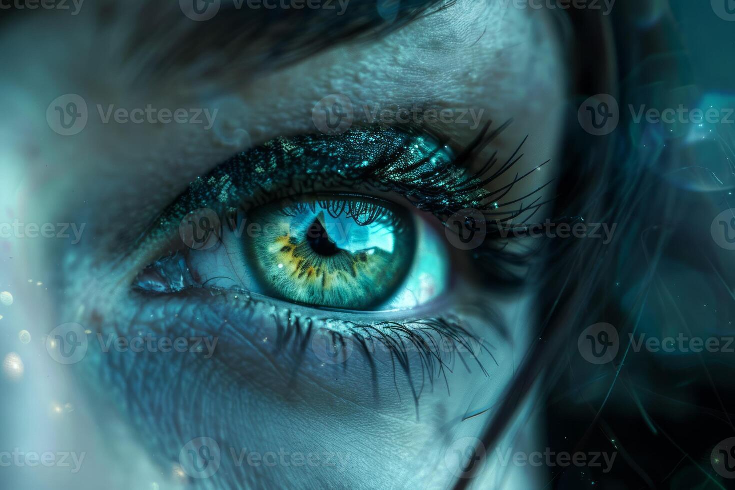 Close up of woman eye in process of scanning. Neural network photo