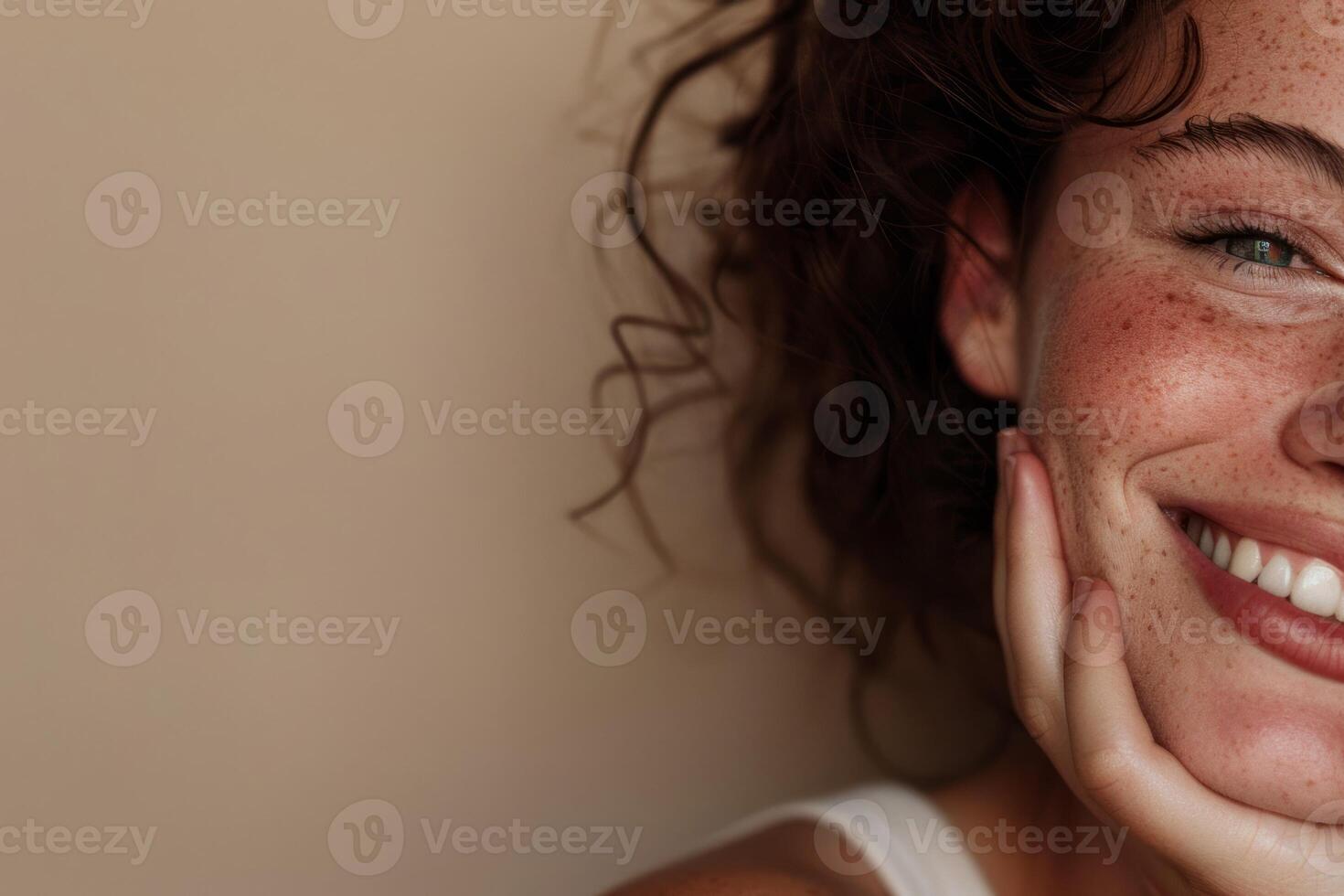 Young woman smiling with hand on face against beige background. Neural network photo