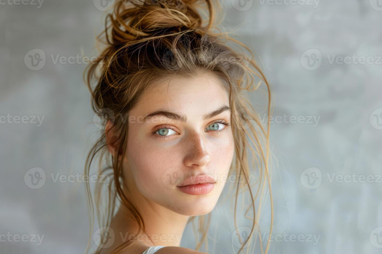 Young caucasian female with calm expression close up photo