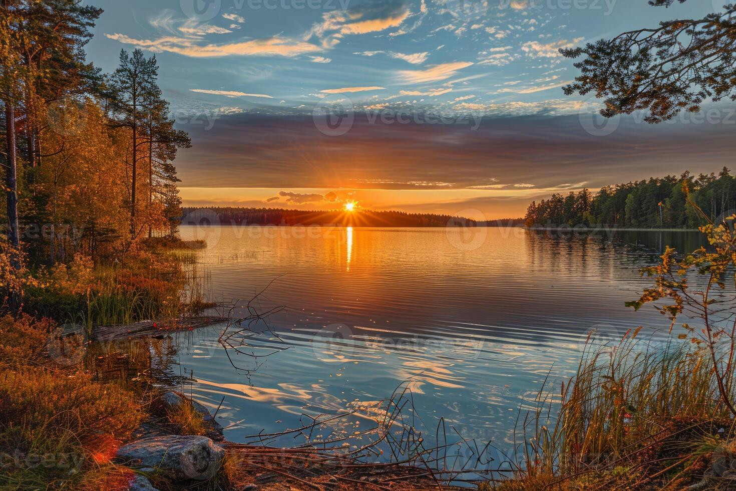 Serene sunset over lake with forest reflection. Neural network photo