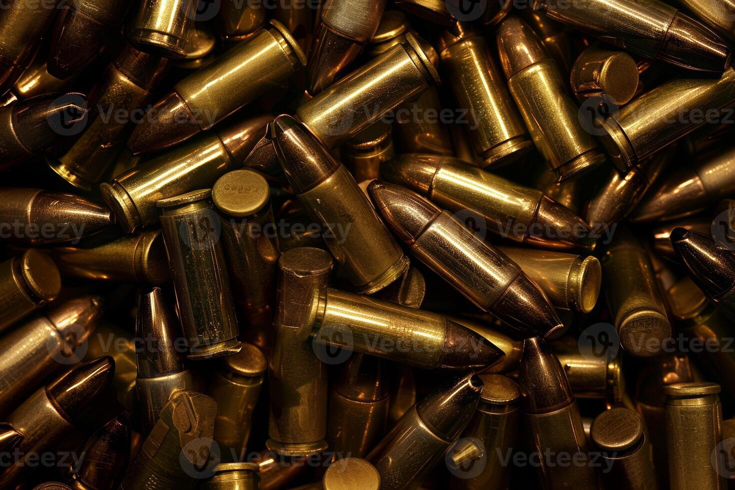 Big amount of pistol and rifle new bullets in pile. Neural network photo