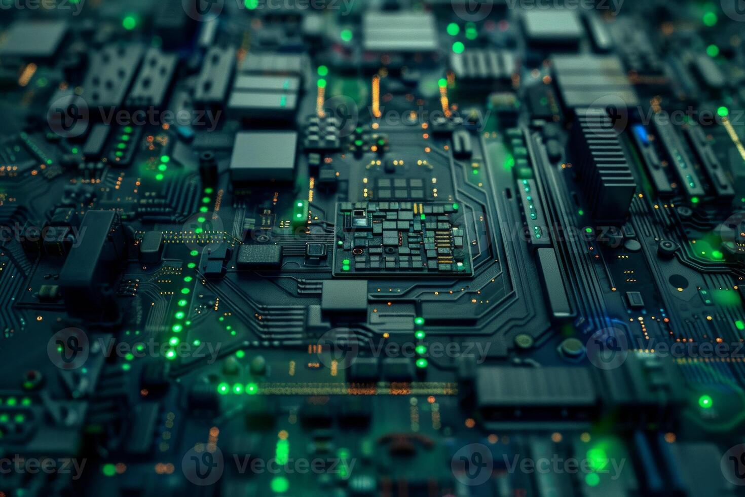 Close-up Macro Shot of Printed Circuit Board with Computer Motherboard Component Microchip. Neural network photo