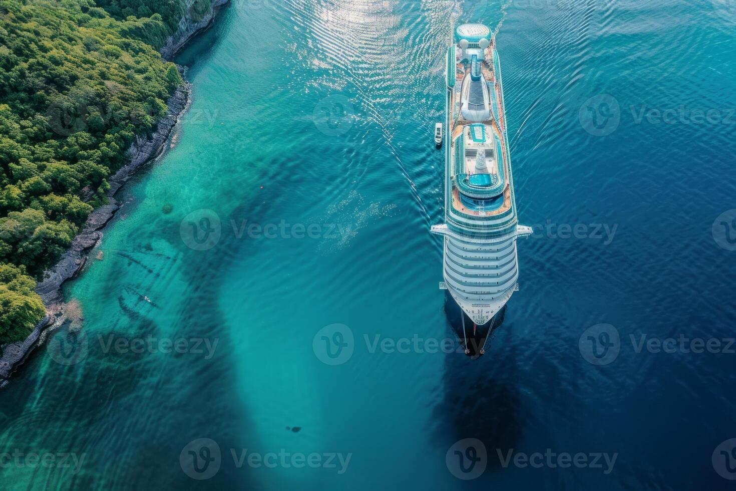 Concept for vacation and travel with a generic cruise ship sailing over the calm ocean. Neural network photo