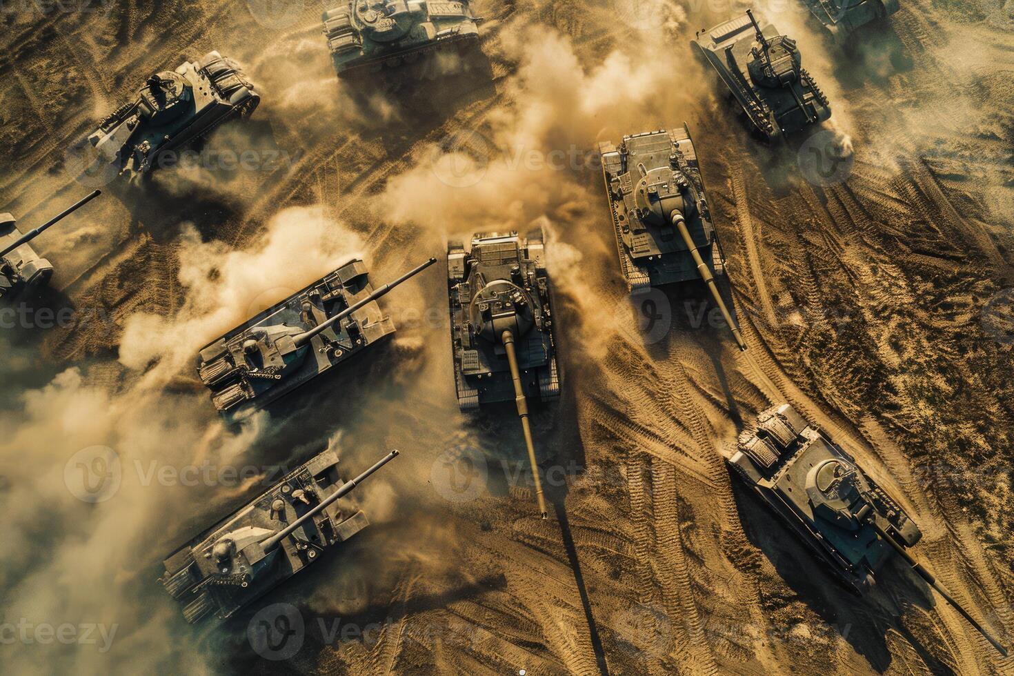 Tanks in formation on rugged terrain. Neural network photo