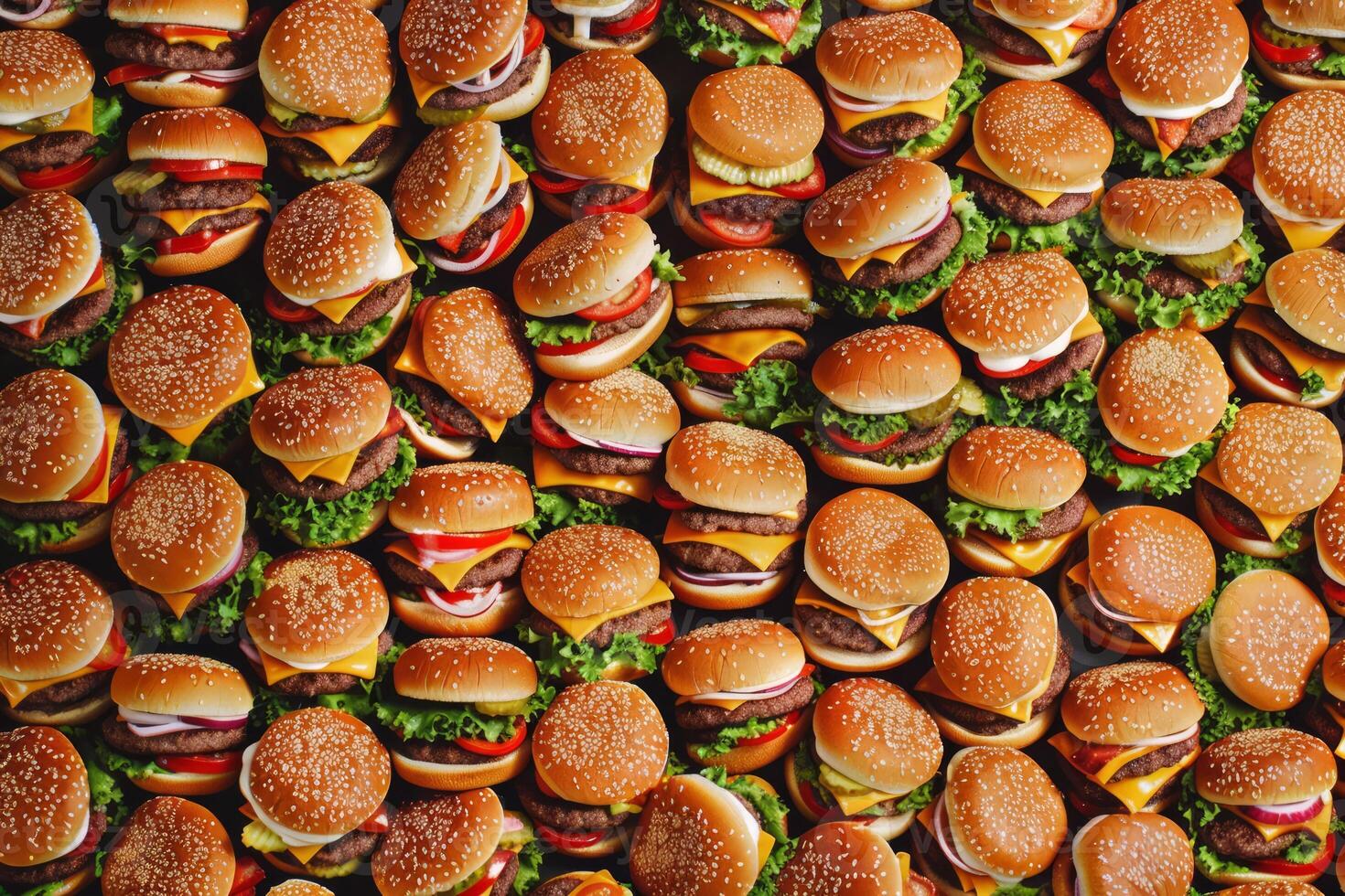 Endless array of cheeseburgers showcases fast food abundance. Neural network photo