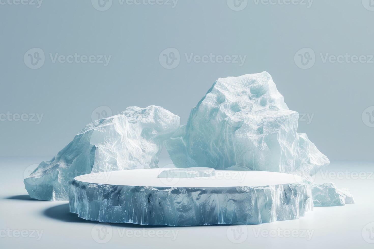 Circular ice platform with majestic arctic mountains. Neural network photo