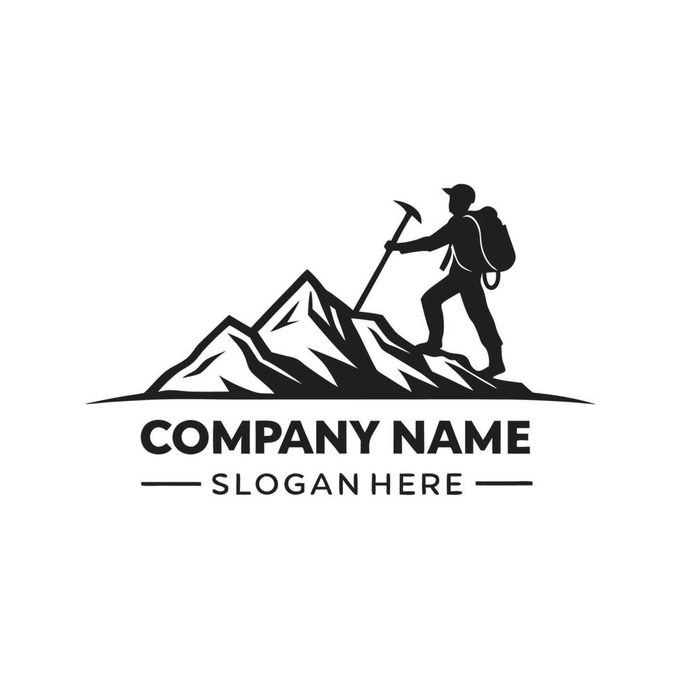 a man with a backpack and hiking stick is standing on top of a mountain vector