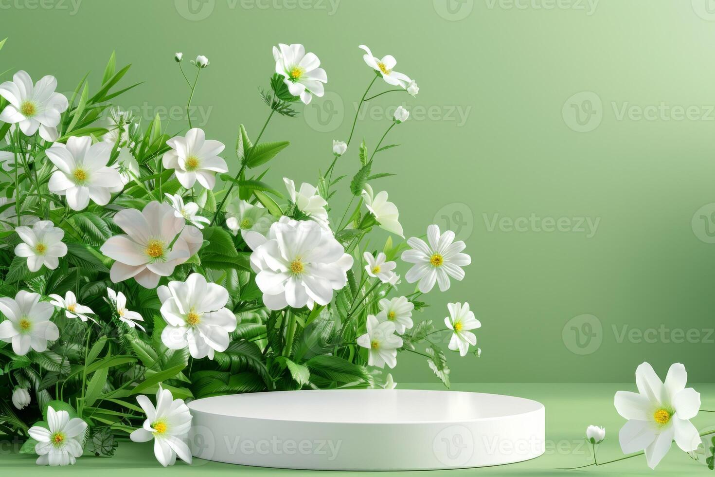 Cylinder podium for product placement surrounded by different flowers. Neural network photo
