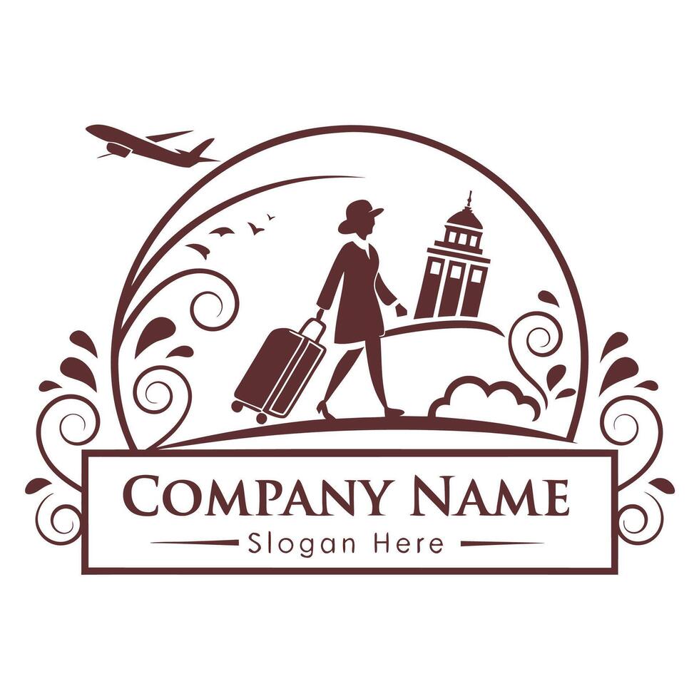 travel logo design with woman and suitcase vector