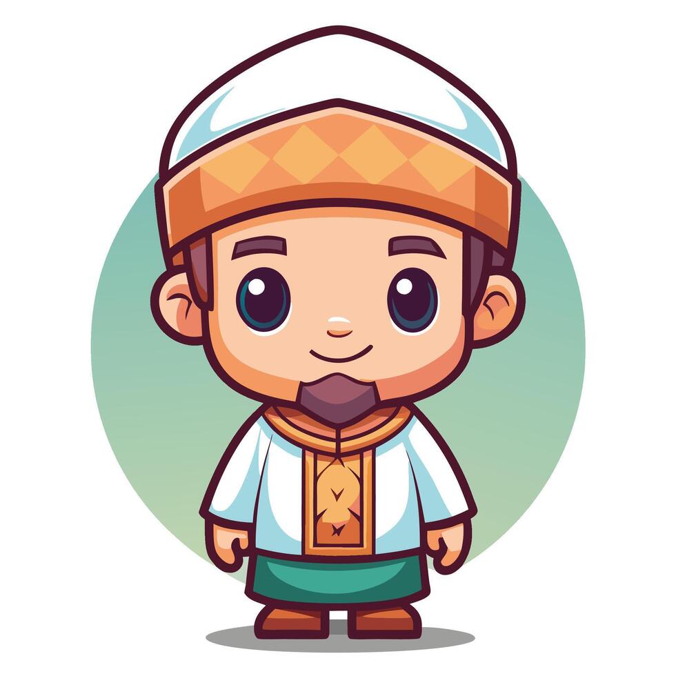 cartoon muslim boy in traditional clothes funny character vector