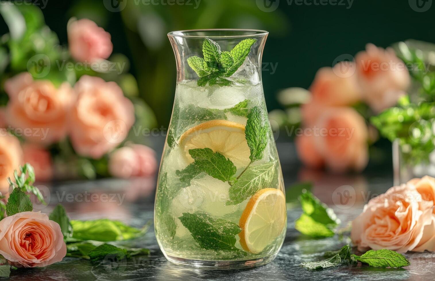 A pitcher of lemonade with mint leaves and roses photo