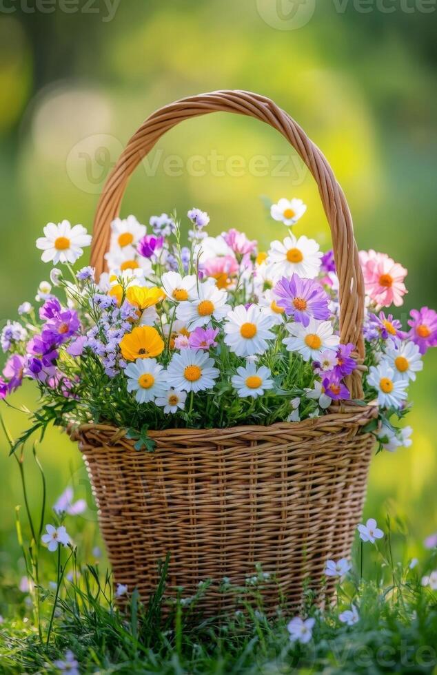 Basket with flowers on the grass photo