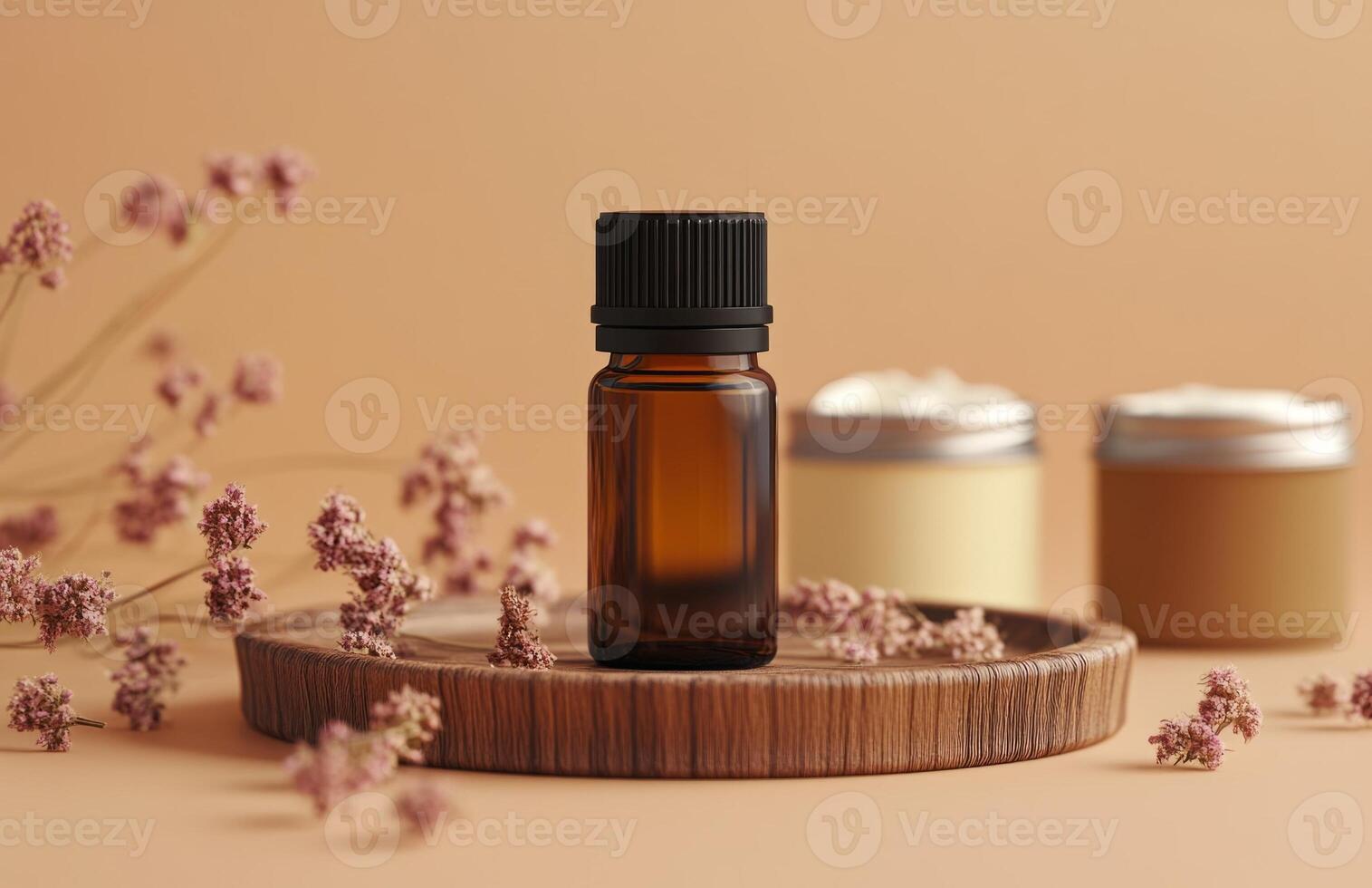 Essential oils and a bottle of essential oils on a wooden tray photo