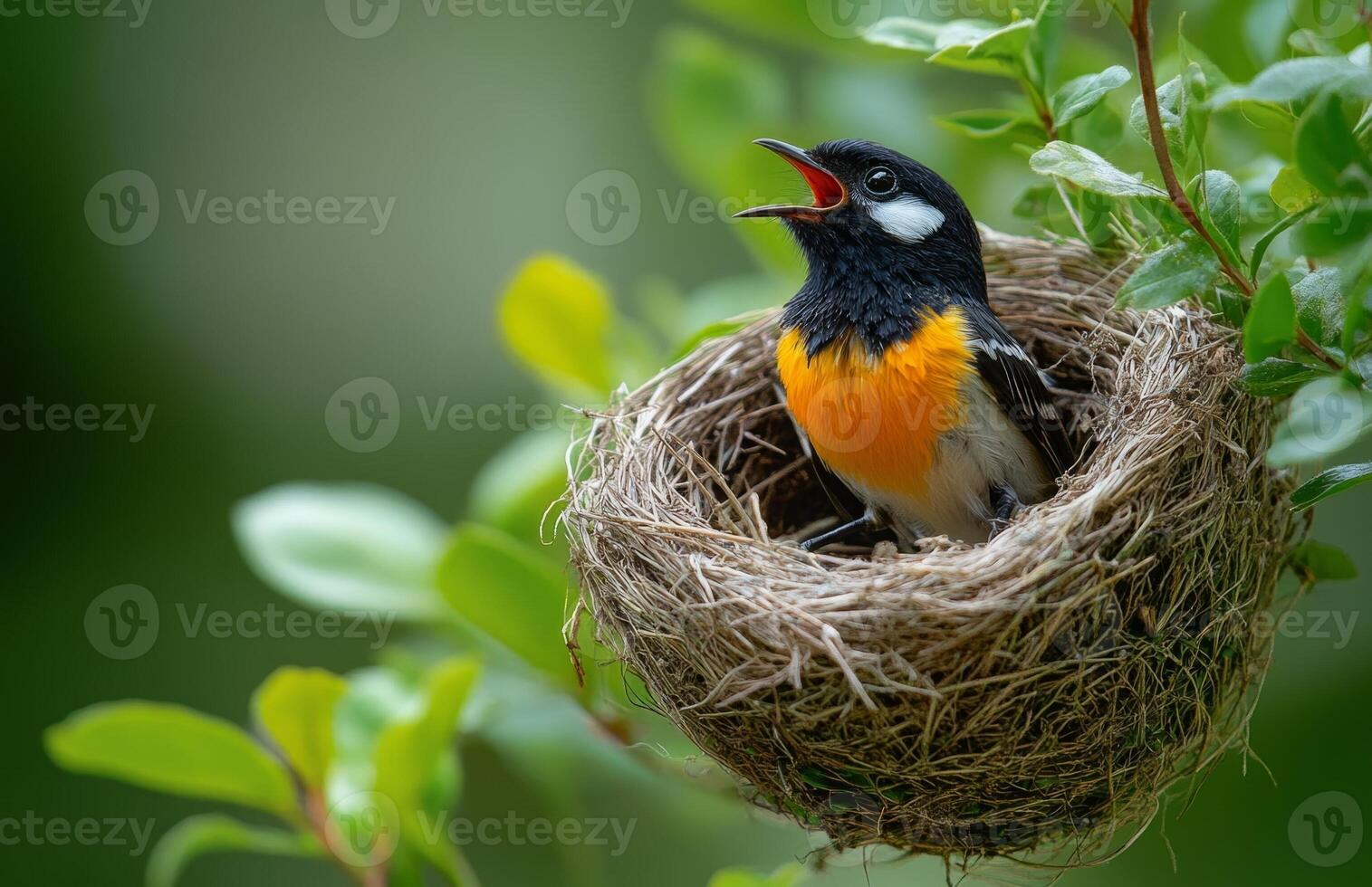 A bird is sitting in a nest on a tree branch photo