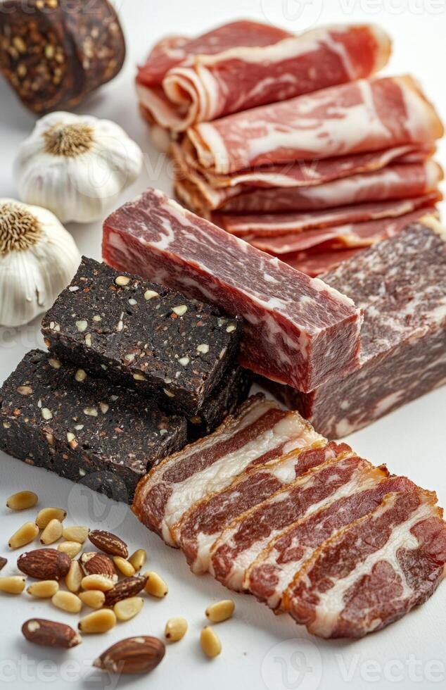 Group of Meat Products with Bacon, Black Bread, Pine Nuts, and Garlic on White Background photo