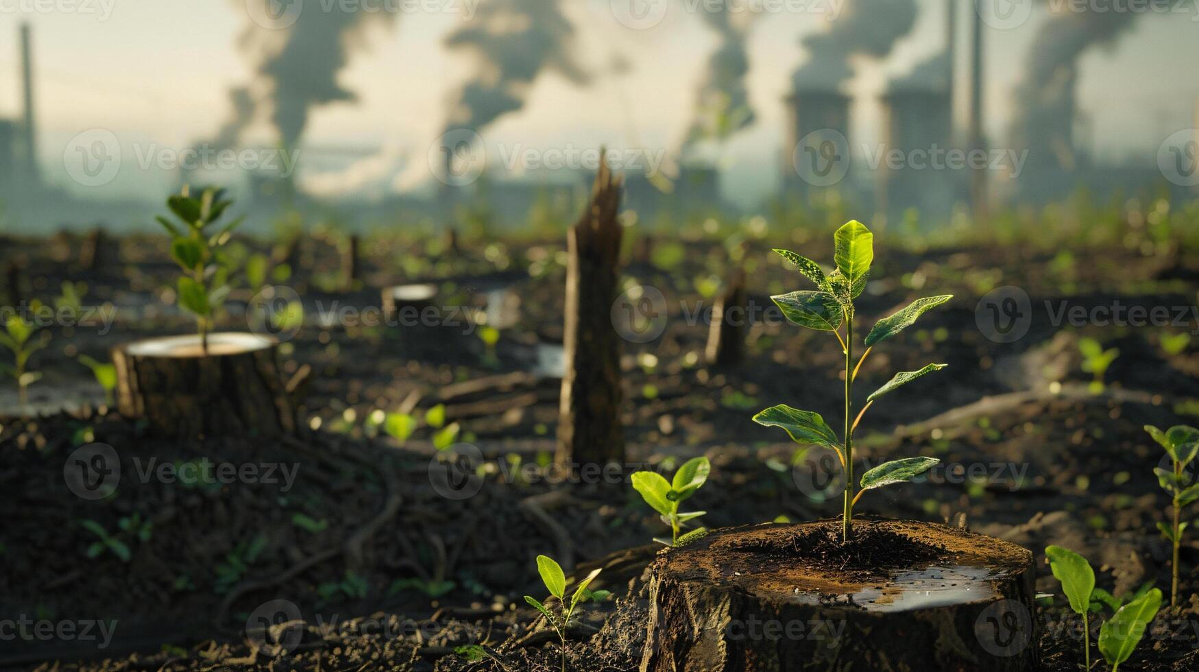 A young tree stump in a field with smoke coming out of the chimneys photo