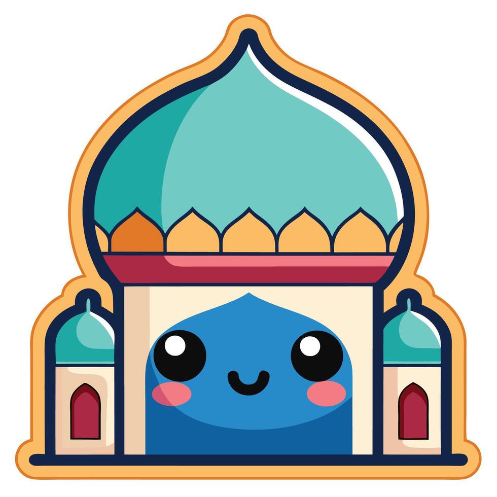 a cartoon blue mosque with a smiling face, vector
