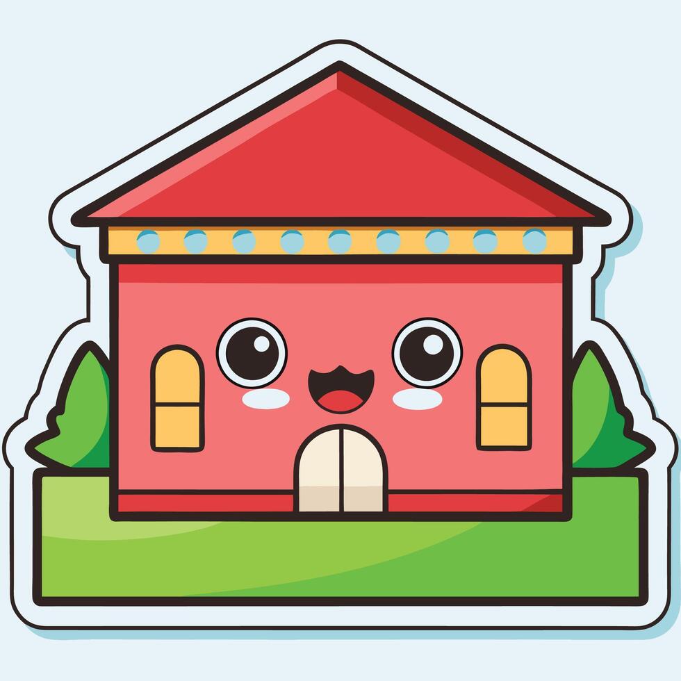 sticker of cute house with eyes and smile, vector