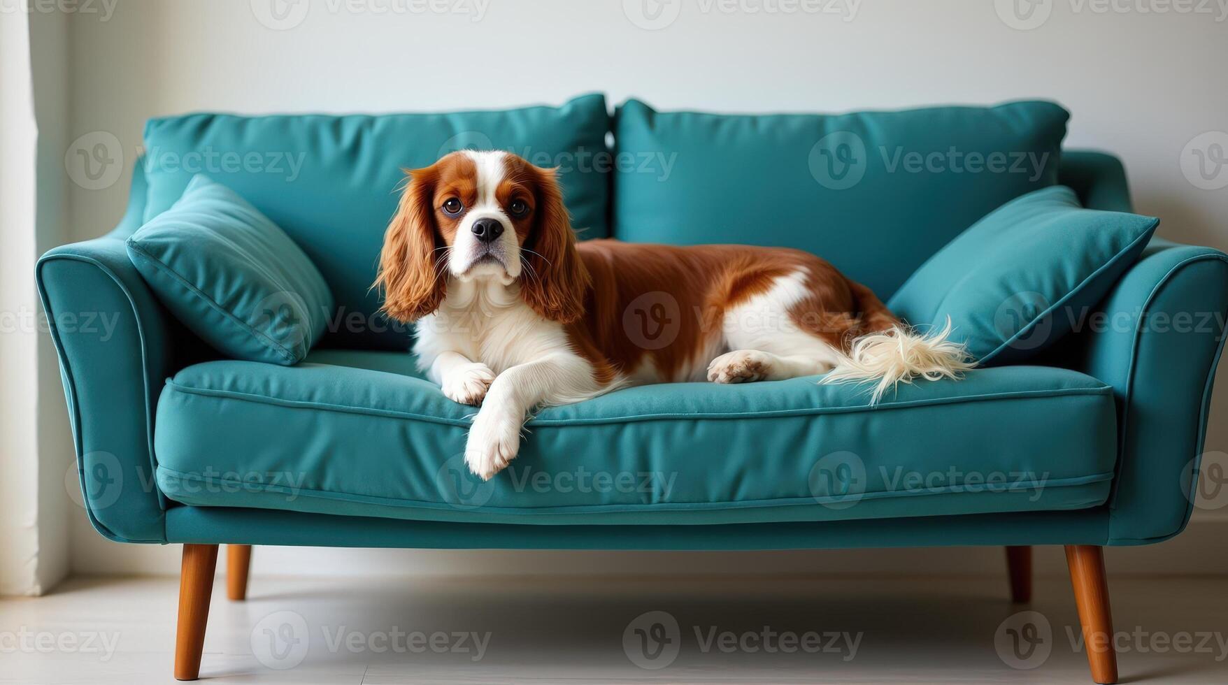 Cavalier King Charles Spaniel enjoys rest on mid-century modern sofa photo