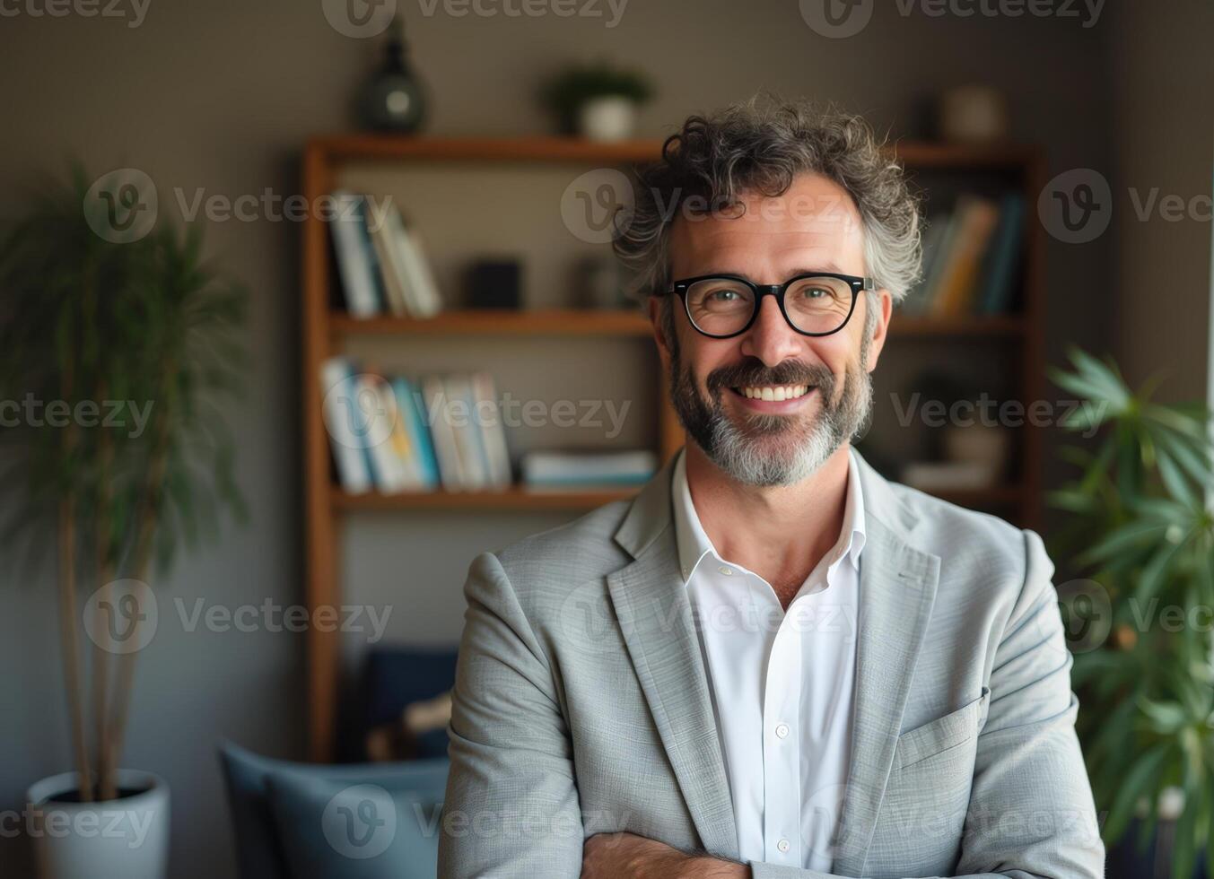 Smiling man in glasses stands confidently in a modern office photo
