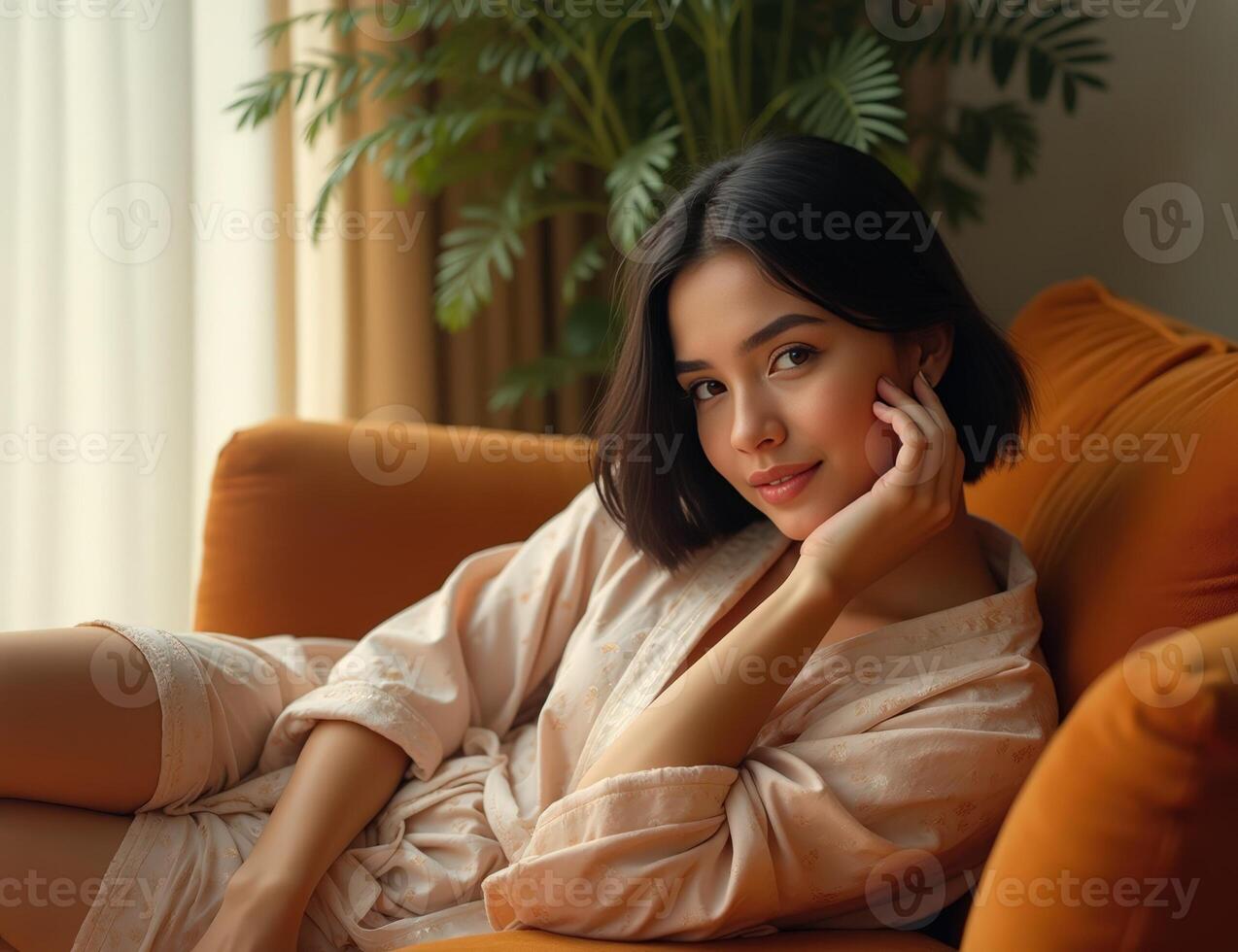 Sophisticated brunette woman with chic bob hairstyle relaxes on orange couch photo