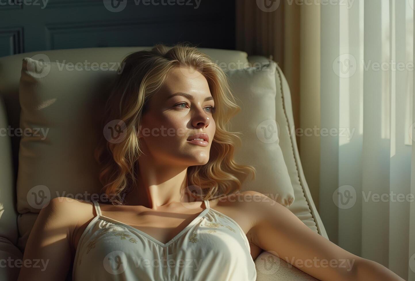 Woman relaxes in sunlight while seated in a comfortable reclining chair photo