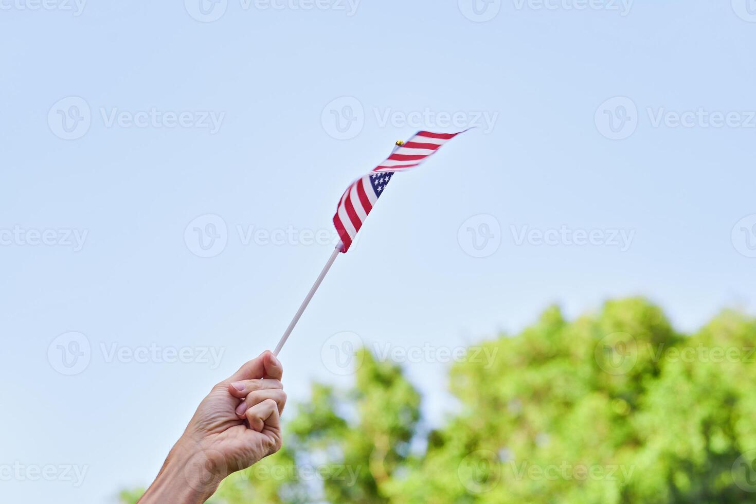 Hand Holding a Small American Flag Against Blue Sky and Green Trees photo