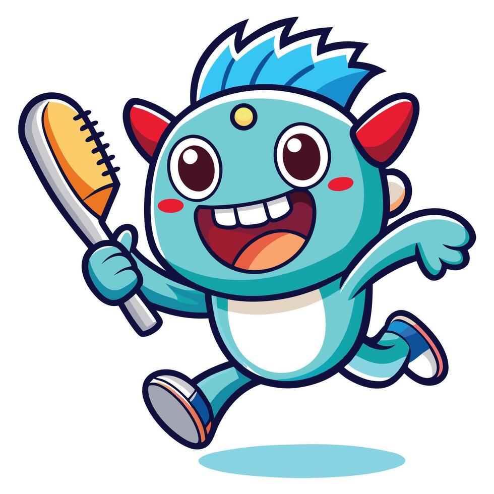 a cartoon blue monster running with a toothbrush funny character vector
