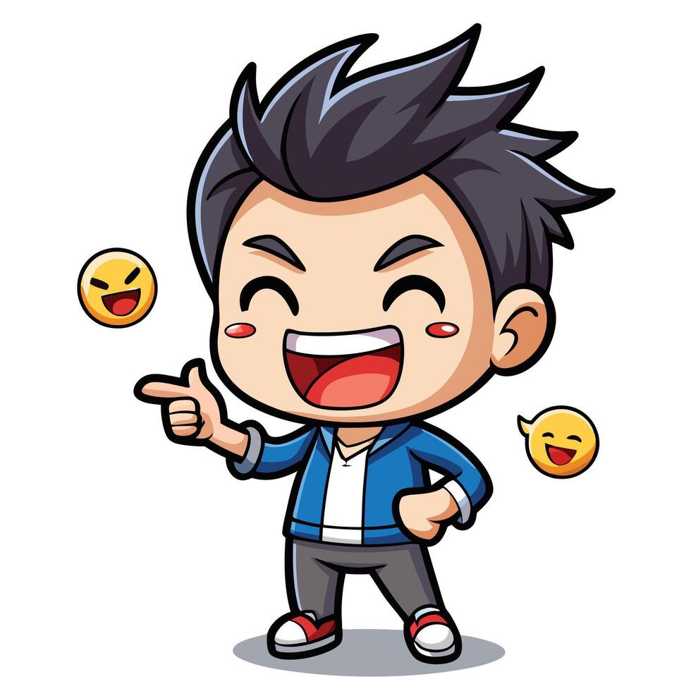 a cartoon boy pointing at something with emoticions vector