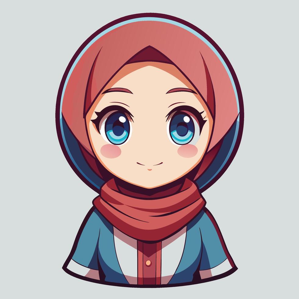 cartoon muslim girl with blue eyes and red scarf, vector