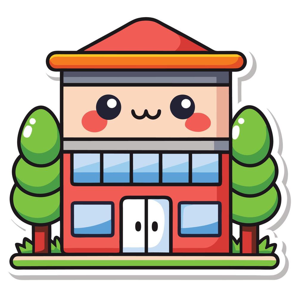 sticker of cute building with windows and trees vector