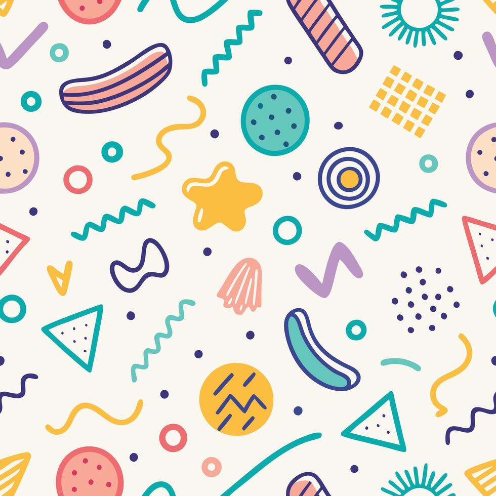 seamless pattern white background with colorful shapes and lines, vector